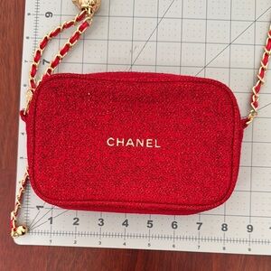 CHANEL Authentic Red Crossbody Makeup Bag with Gold Chain and Tweed material